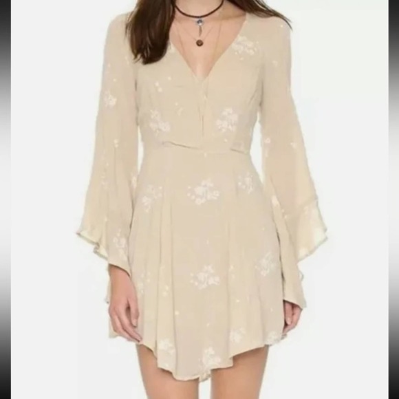 Free People Tan & Cream Almond Combo Jasmine Embroidered Boho Mini Dress 8 - Picture 2 of 11